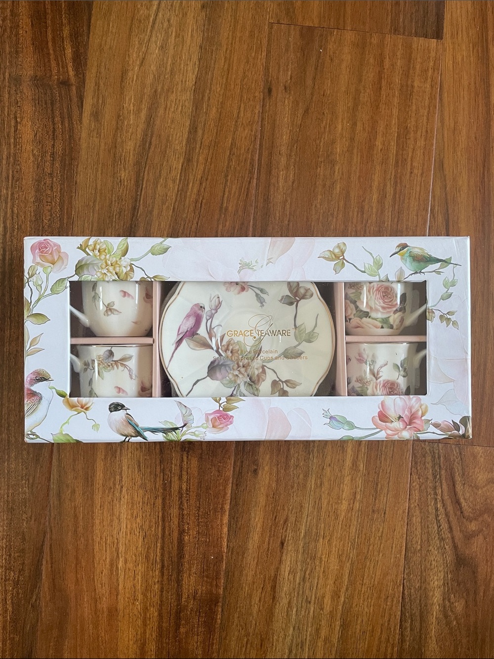 Grace Teaware Pink Floral Bird Porcelain Tea Cup & Saucer Set